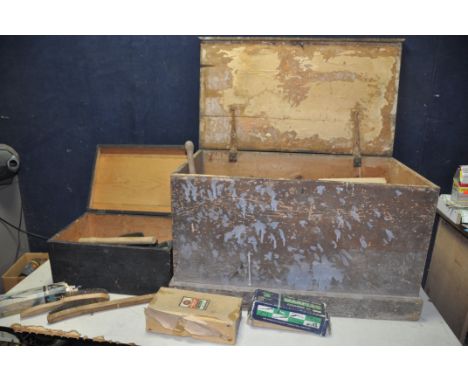 TWO VINTAGE WOODEN CHESTS CONTAINING VINTAGE AND MODERN TOOLS to include spanners, vintage Stanley hand drill, Spear and Jack