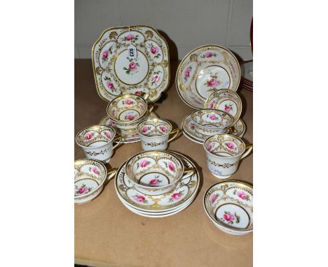 AN EARLY 19TH CENTURY ENGLISH BONE CHINA NINETEEN PIECE TEA SET, POSSIBLY H &amp; R DANIEL, hand painted with pink roses amon