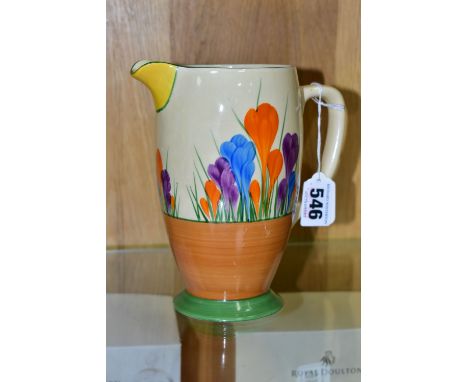 A CLARICE CLIFF CROCUS PATTERN CORONET WATER JUG, painted with purple, blue and orange crocuses, green and orange bands, and 