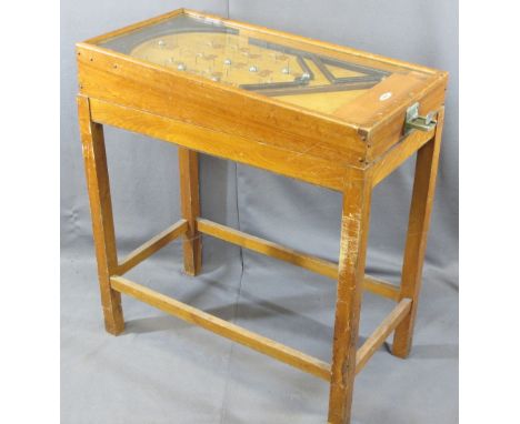 KUMBAKATEL VINTAGE PINBALL MACHINE on wooden stand, 89.5cms H maximum, 43cms W, 80.5cms L not including penny slot