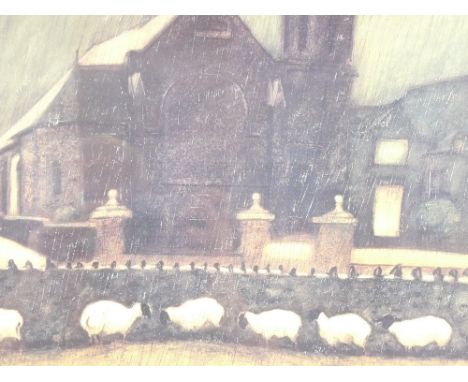 WILL ROWLANDS coloured limited edition print (5/200) - rainy day with church, titled 'Cysgodi yn Llanrhyddlad' and sheltering