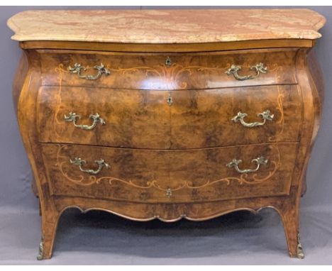 LOUIS XV STYLE MARBLE TOPPED BOMBE COMMODE/CHEST - three drawer with marquetry and boxwood inlay and gilt metal mounts under 