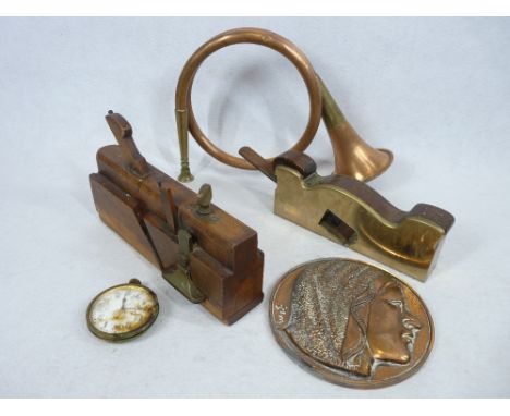 ANTIQUE TOOLS - brass and wooden block plane marked 'J Howarth, Sheffield', 29cms L, another block plane, hunting horn, vinta
