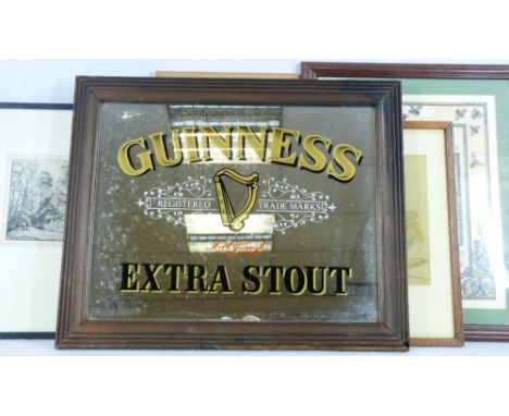 VINTAGE STYLE GUINNESS STOUT ADVERTISING MIRROR, small mixed quantity of paintings and prints with a modern tapestry sampler,