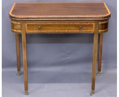 FOLDOVER CARD TABLE, quality reproduction crossbanded mahogany, with single frieze drawer, with line inlaid square supports o