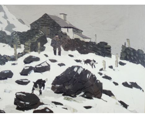 SIR KYFFIN WILLIAMS RA coloured print - farmer and dogs in snow, 37 x 37cms
