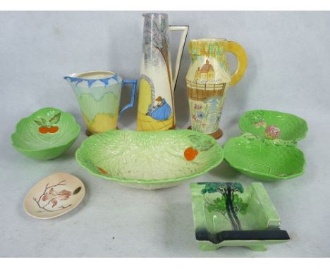 ART DECO POTTERY GROUP including a Flaxman ware, and other hand painted jugs, Carltonware Beswick dishes, ETC