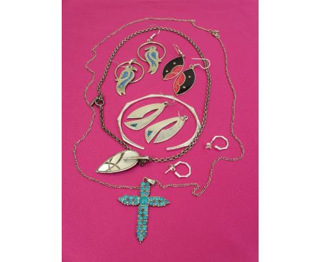 SILVER BANGLE &amp; EARRINGS - matching with crystal inset, possibly silver with a collection of '925' silver and enamel Mexi