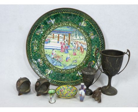 CLOISONNE &amp; ENAMEL CHARGER - 33cms diameter, a pair of metallic fish ornaments, silver trophies, 8.9 ozt, ETC