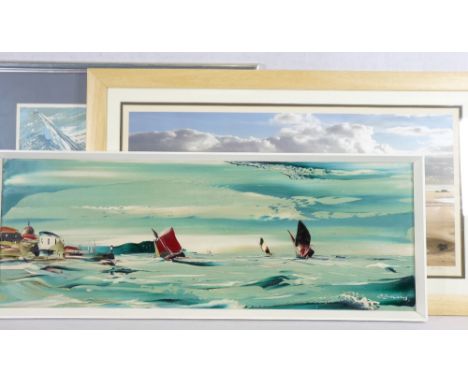 ERIC LEES photographic print titled 'Rock pools at Marloes Sands Pembrokeshire', OIL ON BOARD - stylised boats at sail and 'W