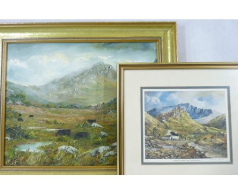 GWYNETH TOMOS oil on canvas along with a framed limited edition print, the oil depicting cattle grazing with farmhouses and b