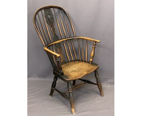 19TH CENTURY ELM HIGH HOOP STICK BACK ARMCHAIR - with shaped seat on turned supports, 97cms H, 58cms W, 34.5cms seat D