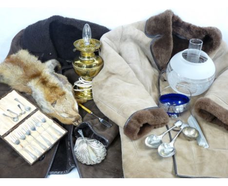 VINTAGE SHEEPSKIN JACKETS (2), fur stole, a brass oil lamp with etched glass shade and a small quantity of silver and EPNS