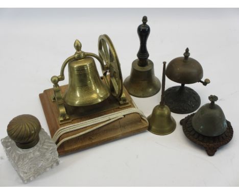 VICTORIAN &amp; OTHER DESKTOP &amp; HAND BELLS with a brass top glass inkwell