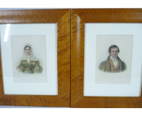 WATERCOLOUR PORTRAIT STUDIES, a pair - Dickensian style lady and gentleman, half- length in period dress, in modern burr waln