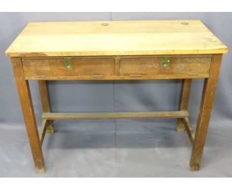 VINTAGE OAK DOUBLE SCHOOL DESK - the top with inkwell and pen apertures and twin drop-down front, panels having campaign styl