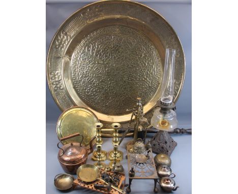 BERNARES STYLE CIRCULAR BRASS DISH/TRAY, 90cms diameter together with a parcel of brass and copperware including a brass and 