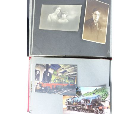 JAPANESE LACQUERWORK ALBUM and one other, containing vintage and later photographic portrait, steam locomotive and other post