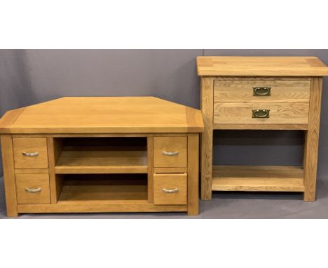 MODERN OAK HOUSEHOLD FURNITURE ITEMS (2) - a two drawer hall table with under-tier shelf, 77cms H, 70cms W, 35cms D and a fou