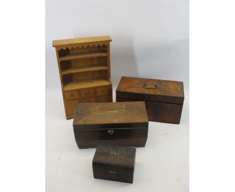 GEORGIAN MAHOGANY TEA CADDY, two others and a modern miniature oak dresser, the main tea caddy with twin interior lidded comp