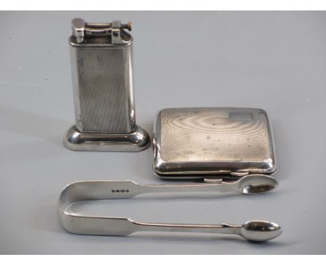 SILVER SUGAR TONGS - plain fiddle patterned, 1.9 ozt, London circa 1840, a lady's engine turned silver cigarette case, 2.5 oz