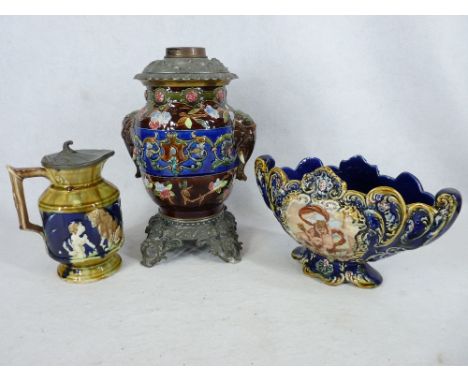 MAJOLICA POTTERY &amp; CAST METALWARE OIL LAMP BASE, Continental Majolica style planter and a metal lidded jug, 32cms H the l