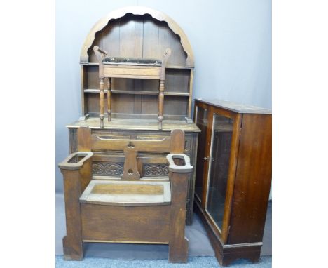 VINTAGE &amp; LATER FURNITURE PARCEL, 4 ITEMS - an oak box seat hall bench/stick stand, 89cms H, 85cms max W, 31cms D, drip t