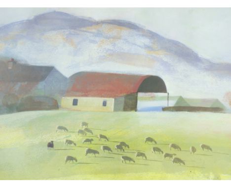 WILL ROWLANDS coloured limited edition print (16/200) - farmstead with red barn and grazing sheep, signed in full, 40 x 60cms