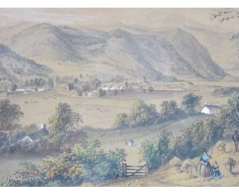 A COLOUR HEIGHTENED PRINT - of Llanrwst and the Conwy River with Gwydir Castle from sloping fields with hay making figures in