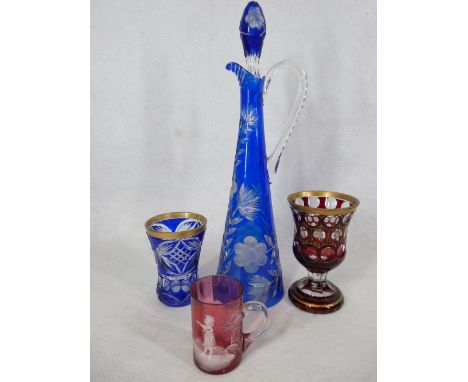 VICTORIAN &amp; LATER GLASSWARE, 4 ITEMS to include a Cranberry tankard decorated Mary Gregory style, facet cut Ruby goblet w