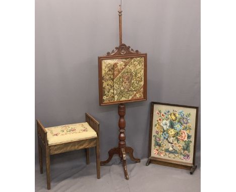 VICTORIAN MAHOGANY POLE SCREEN and a tapestry top box seat piano stool, 155cms H, 46.5cms W and 54cms H, 46cms W, 33cms D, me