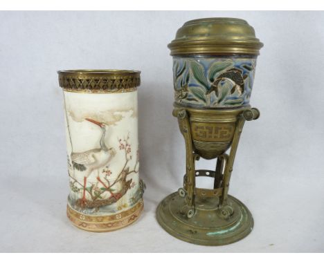 TWO 19TH CENTURY POTTERY OIL LAMP BASES - one with stylised brass base and Doulton style sgraffito font decorated with fish, 