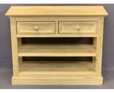 MODERN LIMED OAK TWO DRAWER, TWO SHELF SIDE STAND - with X frame side detail on a plinth base, 77cms H, 100cms W, 40cms D