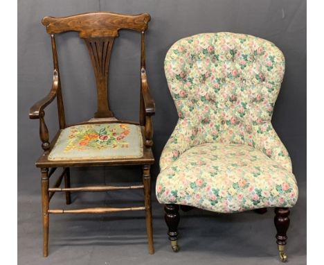 VINTAGE &amp; LATER PARLOUR CHAIRS (2) including a curved splat back armchair with tapestry seat on turned supports, 99cms H,
