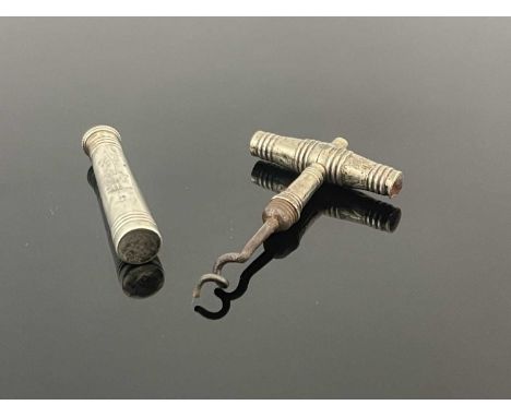 A George III silver travelling corkscrew, embossed reeded banding and barrel form T bar handle, steel screw, Joseph Taylor, B