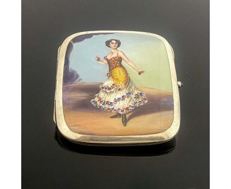 V A twentieth-century Continental silver and enamel cigarette case, of rounded rectangular form, the cover with a scene in po