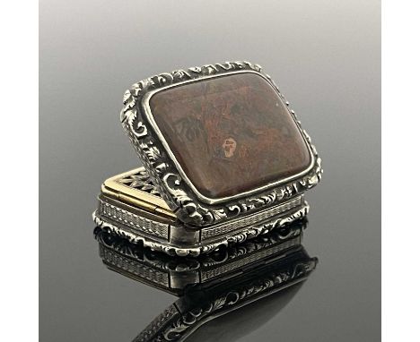 Nathaniel Mills.A William IV silver and agate vinaigrette, of rounded rectangular form, the body decorated with engine turnin