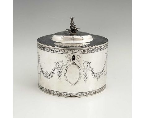 V A George III silver Neoclassical tea caddy, of oval form, the exterior embellished with foliate swags and floral garlands, 