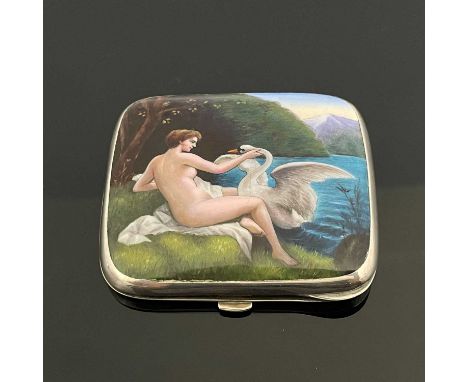 V A twentieth-century white metal and enamel cigarette case, of rounded rectangular form, with thumbpiece and push-button rel