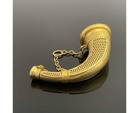 A Victorian silver gilt novelty combination vinaigrette and scent or perfume bottle, modelled in the form of a horn, the body