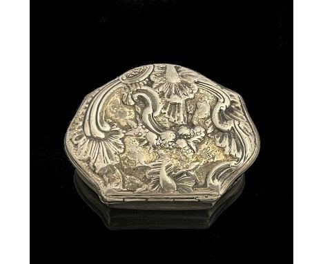 An eighteenth-century Swedish silver snuff box, of cartouche form, the cover with a cast scene depicting Rococo style shells 