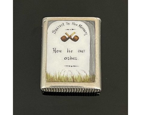 V A Victorian silver and enamel vesta case, of rectangular form, the body inset with polychrome enamel panel, depicting a pai