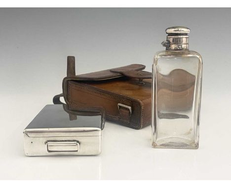 A twentieth-century electroplated travelling lunch set, comprising a sandwich box, of rectangular form with double-hinged fol