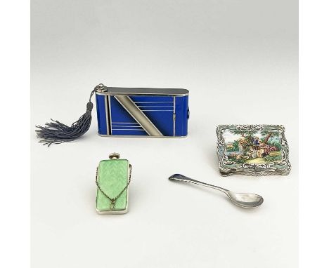 A twentieth-century Italian silver compact, the enamel cover depicts a classical rural scene, the body decorated with foliate