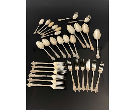 A Victorian silver six-place part-setting of Albany pattern flatware, compromising six each of meat fork, dessert spoon, teas