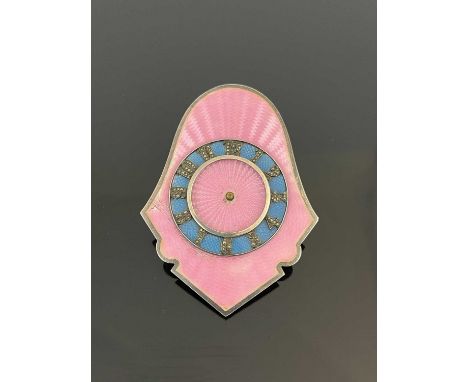 A Swiss Art Deco silver and guilloche enamel travelling timepiece, the body decorated with an engine-turned ground and puce e