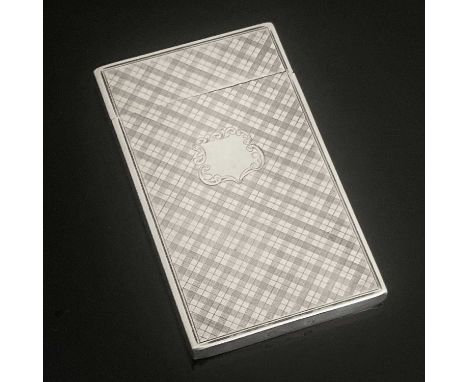 An early Victorian silver card case, the exterior with all-over tartan pattern engine-turning, the body with vacant cartouche