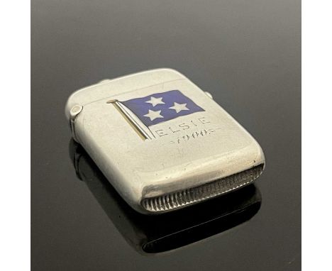 A late Victorian silver vesta case, of rounded rectangular form, with enamel of a yacht burgee, engraved "Elsie / 1900" below