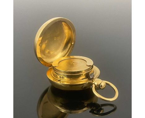 A Victorian 18ct gold sovereign case, of rounded oval form, with push button release and integral suspension loop, the hinged