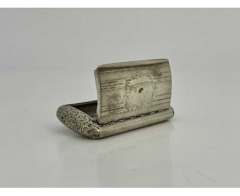 A Victorian silver snuff box, of cushioned rectangular form, the exterior decorated with foliate scrolls and horizontal bands